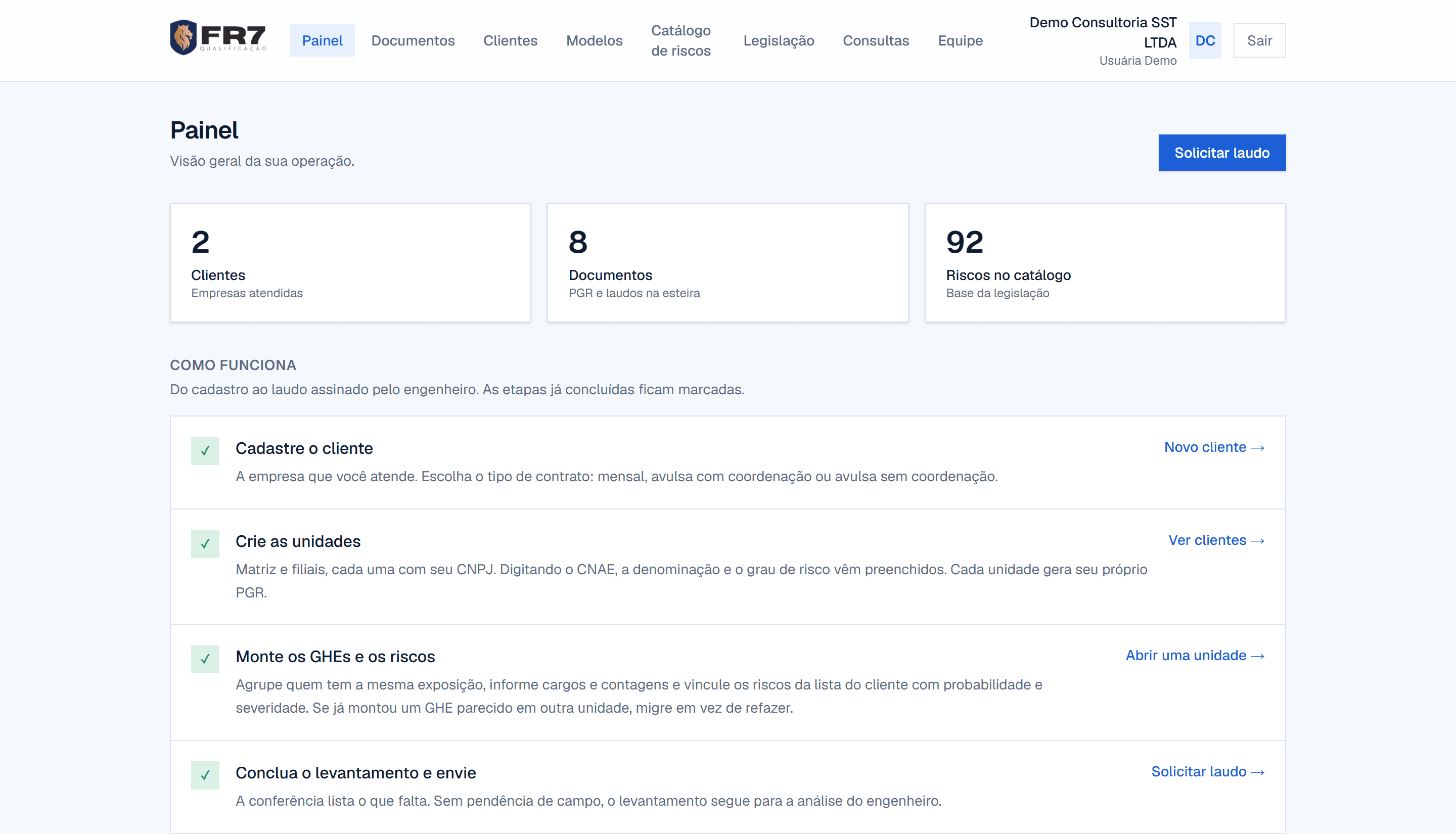 Painel com visão geral de clientes e documentos na esteira
